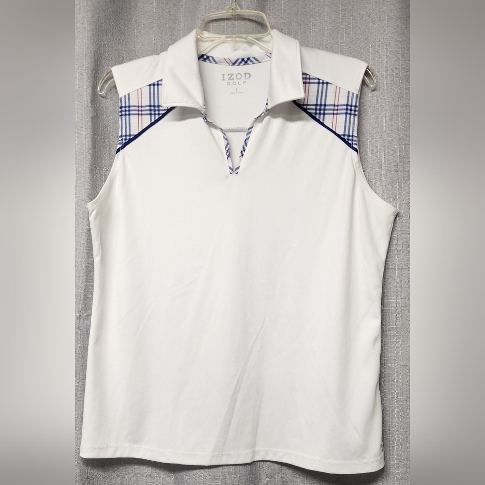 IZOD GOLF - White Sleeveless Polo-Style Shirt -Purple/blue Accents- Womens Large